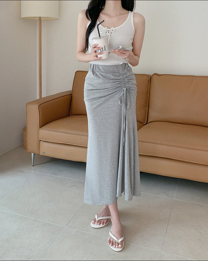 Sexy slight stretch knitted lace up slit midi skirt
