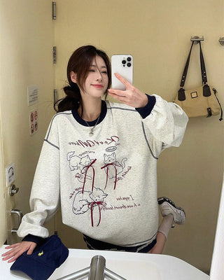 Loose Bow Cartoon Print Long Sleeve Sweatshirt