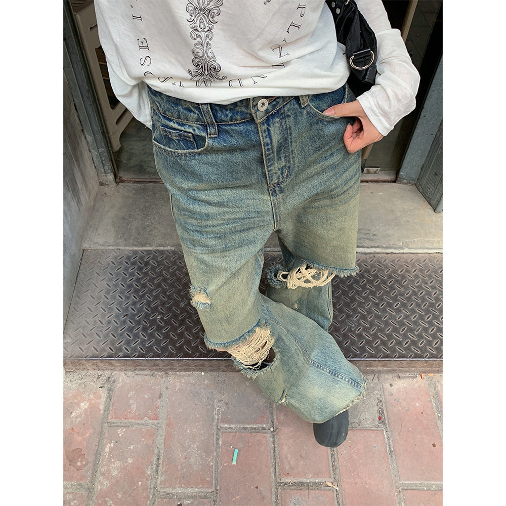 Ripped Detail Straight Jeans