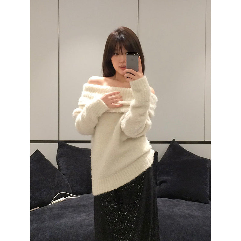 Off Shoulder Long Sleeved Casual Loose Sweater