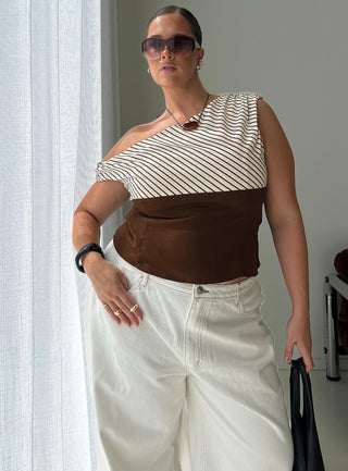Past Life One Shoulder Top Brown  Stripe Curve