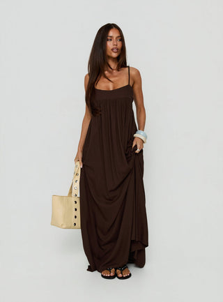 Wildah Linen Smock Maxi Dress Brown