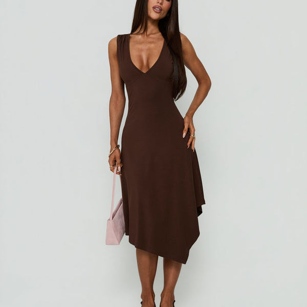 Louisia V Neck Hanky Hem Midi Dress Brown