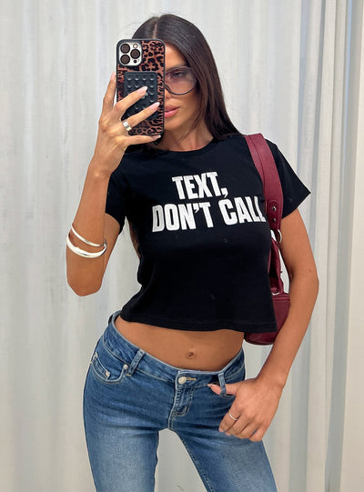 Text, Dont Call Shimmer Graphic Top Black