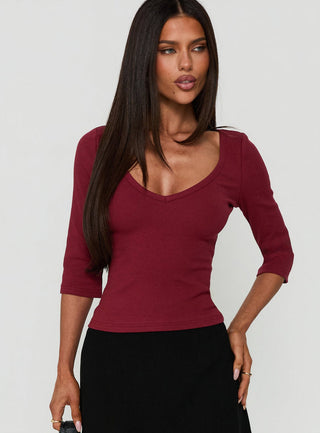 Baseline Rib V Neck 3/4 Sleeve Top Cherry Lacquer