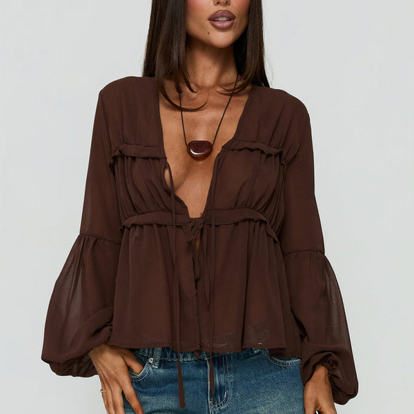 Chasing Sunsets Sheer Long Sleeve Top Chocolate