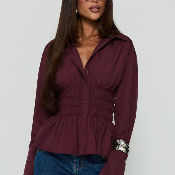 As You Are Shirred Button Up Top Cherry