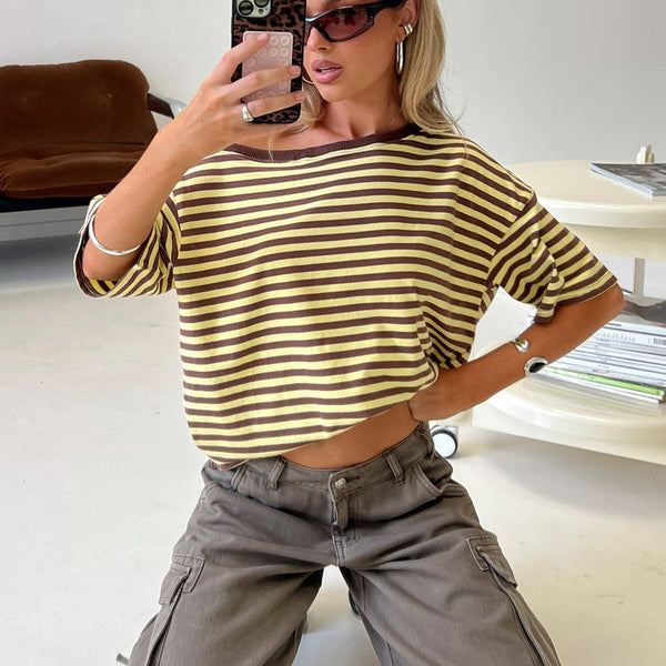 Settle Down One Shoulder Top Yellow / Chocolate Stripe