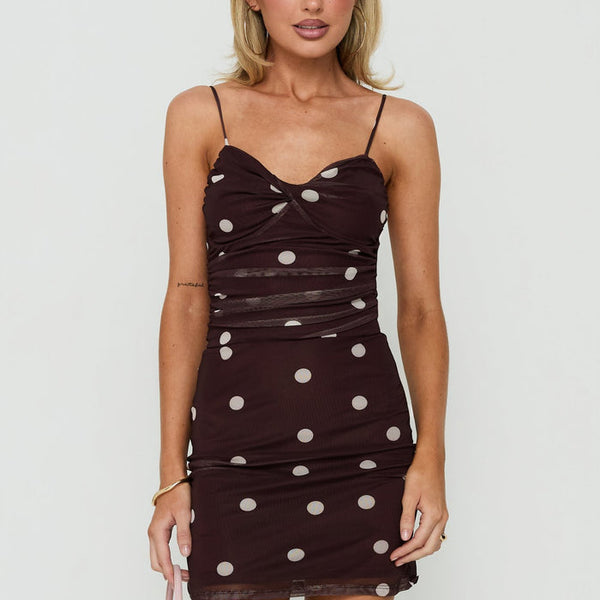 Edesia Ruched Mini Dress Chocolate Polka Dot