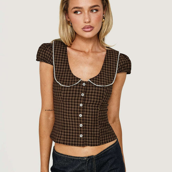 Gardinia Collared Button Down Top Brown Check