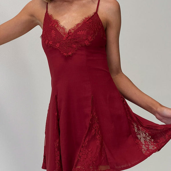 Bloomie Lace Godet Mini Dress Cherry Lacquer