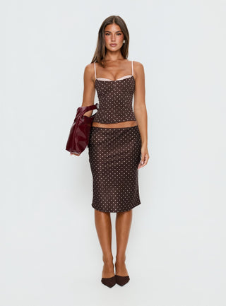 Somani Satin Midi Skirt Brown  Pink Polka Dot