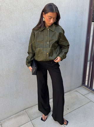 Jaxton Faux Leather Bomber Jacket Olive