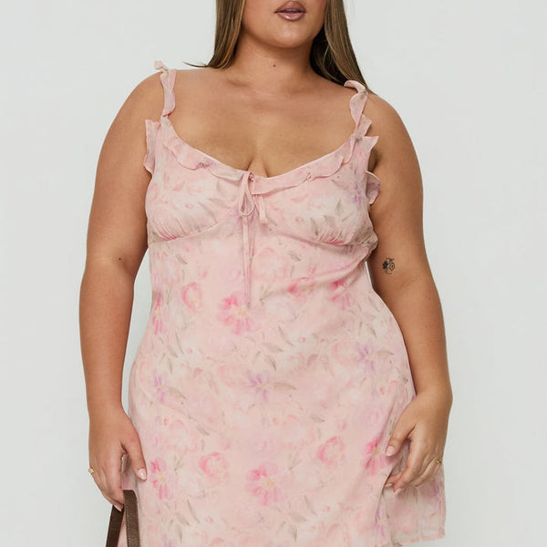 Dewdrops Chiffon Frill Mini Dress Pink Floral Curve