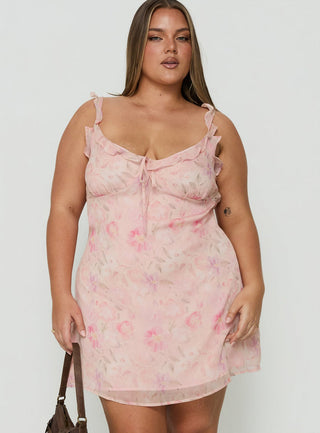 Dewdrops Chiffon Frill Mini Dress Pink Floral Curve