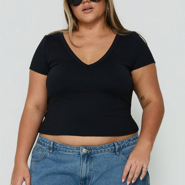 Daily Define Deep V Short Sleeve Top Black Curve