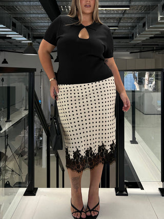 Downtown Scene Lace Trim Maxi Skirt Cream Polka Curve