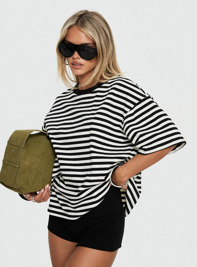 Settle Down Short Sleeve Top Black  White Stripe