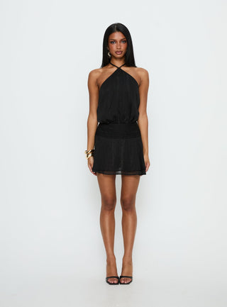 Rozario Chiffon Halter Mini Dress Black  Silver