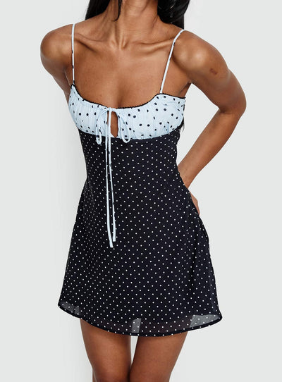 Rylann Contrast Tie Detail Mini Dress Navy  Blue Polka
