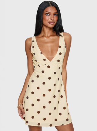 Nellie Mini Dress Lemon  Brown Polka Dot