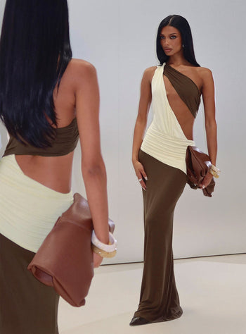 Loletta Draped One Shoulder Maxi Dress Chocolate / Yellow