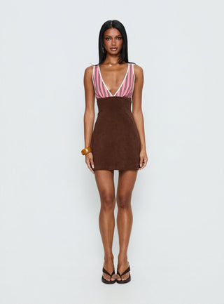 Aydenn Contrast Plunge Mini Dress Pink  Brown