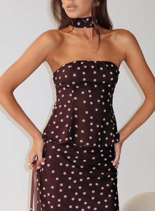 Sydni Scarf Detail Strapless Top Chocolate  Pink Polka Dot