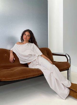 Tobie Off Shoulder Sleep Set Beige Stripe