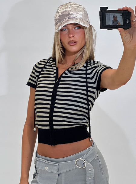 Kahlee Zip Through Hoodie Grey  Black Stripe