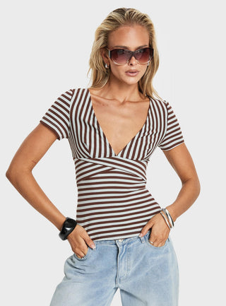 Madelon Short Sleeve Wrap Top Brown  Blue Stripe