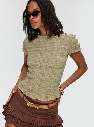 Romelle Shirred Top Green  Brown Plaid