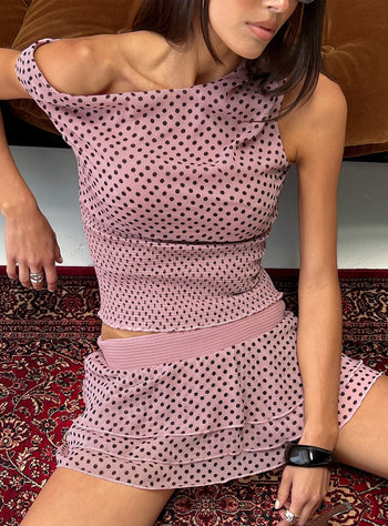 Ready To Party Off Shoulder Top Pink  Black Polka