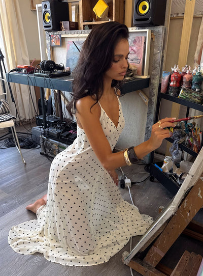 Loulah Sheer Chiffon Maxi Dress Cream Polka Dot