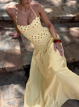 Marguerite Halter Maxi Dress Lemon  Brown Polka Dot
