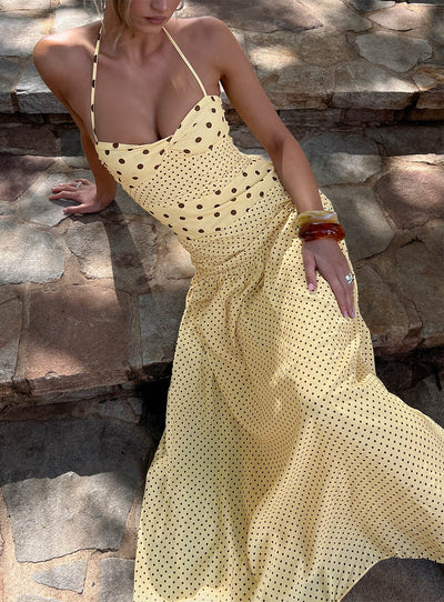 Marguerite Halter Maxi Dress Lemon  Brown Polka Dot