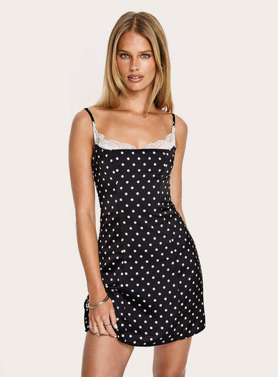 Renaissance Corset Lace Mini Dress Black  White Polka Dot