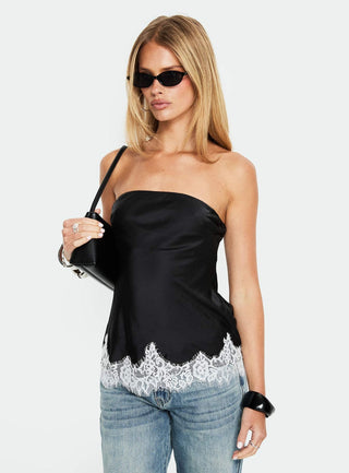 Fiorelle Strapless Lace Trim Satin Top Black  White