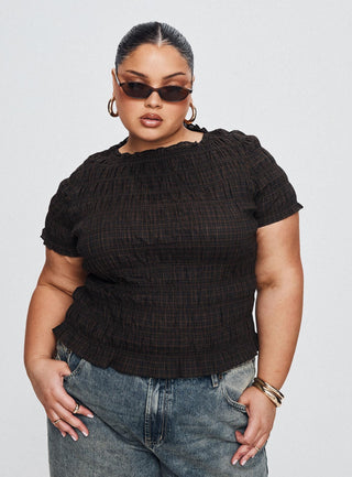 Romelle Shirred Top Black  Brown Plaid