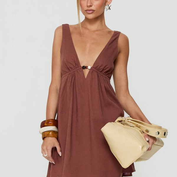 Giyah Bead Detail Mini Dress Brown