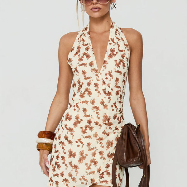 Jaymia Plunge Halter Mini Dress Yellow Floral