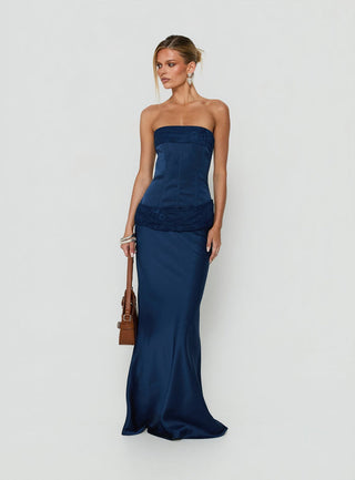 Sura Strapless Lace Detail Maxi Dress Navy