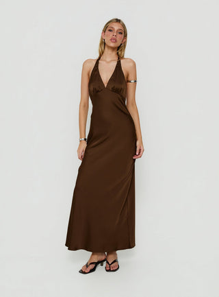 Adamaria Plunge Halter Lace Trim Maxi Dress Chocolate