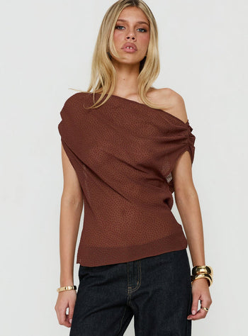 Orya Sheer Drape Off Shoulder Top Brown