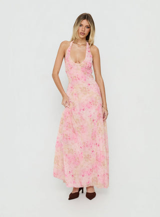 Dandelions Halter Maxi Dress Pink Floral