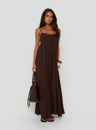 Wildah Linen Smock Maxi Dress Brown