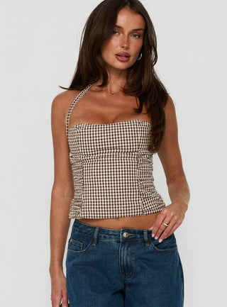 West Coast Love Halter Top Brown Gingham