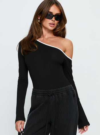 Andrielle One Shoulder Long Sleeve Bodysuit Black  White