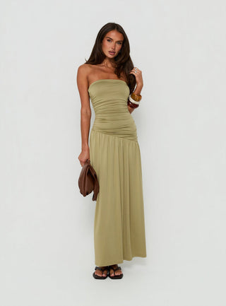 Isolina Strapless Ruched Maxi Dress Sage Green