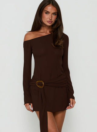 Still Spinning One Shoulder Belted Mini Dress Brown
